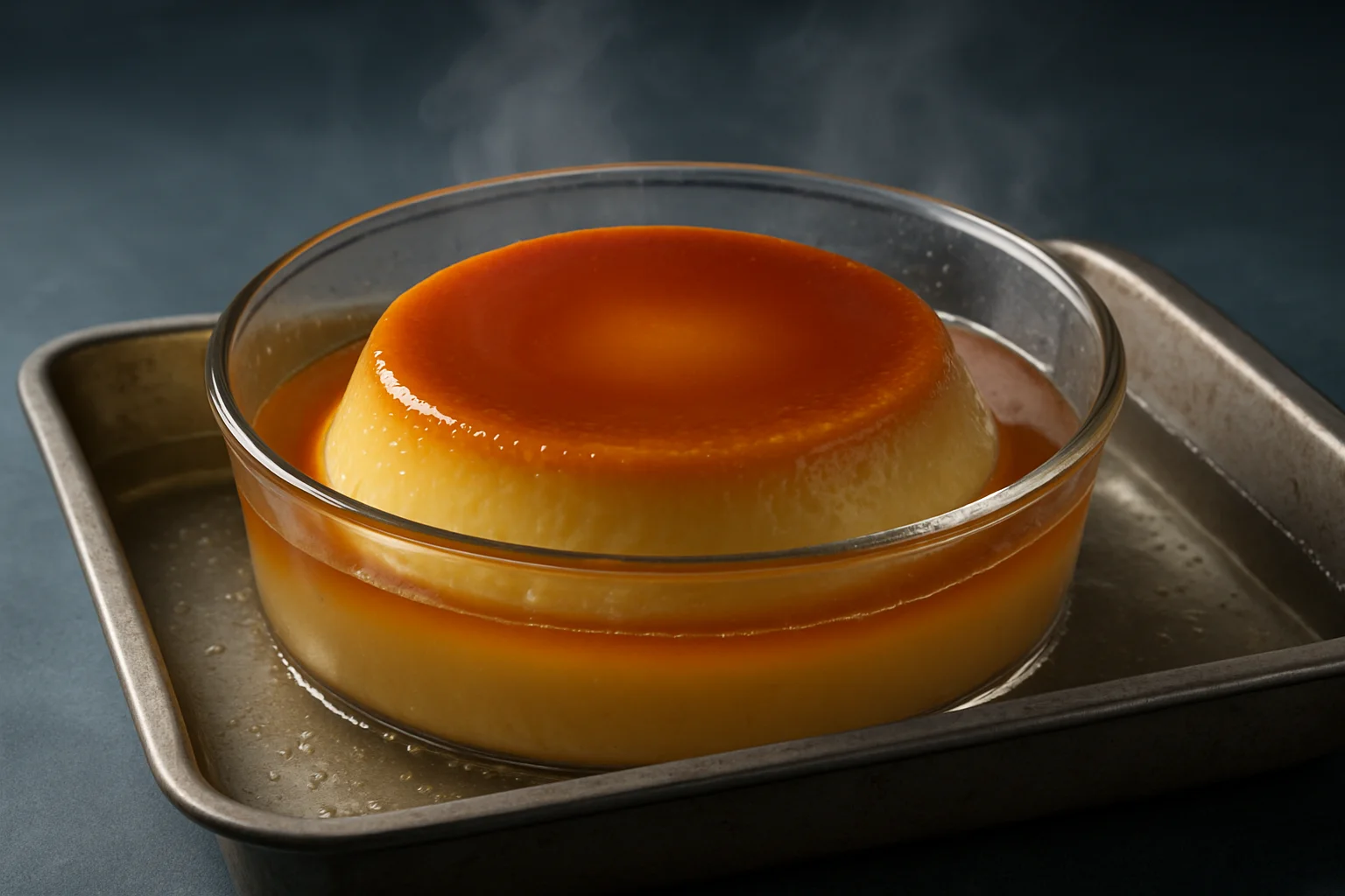 pudim perfeito casa guia: render 3D de pudim cremoso em banho-maria com calda dourada, forma de vidro e vapor suave.
