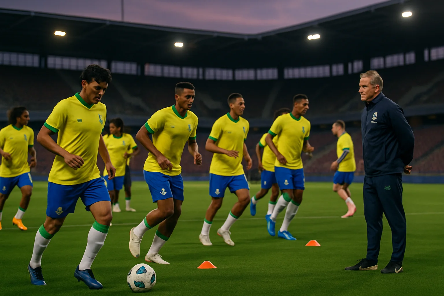 Render 3D da seleção brasileira convocação ancelotti treinando em arena europeia, elenco verde-amarelo sem números.
