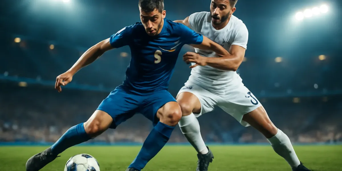 jogos futebol hoje 04: Plano geral de dois jogadores disputando a bola sob iluminação de estádio, público desfocado.